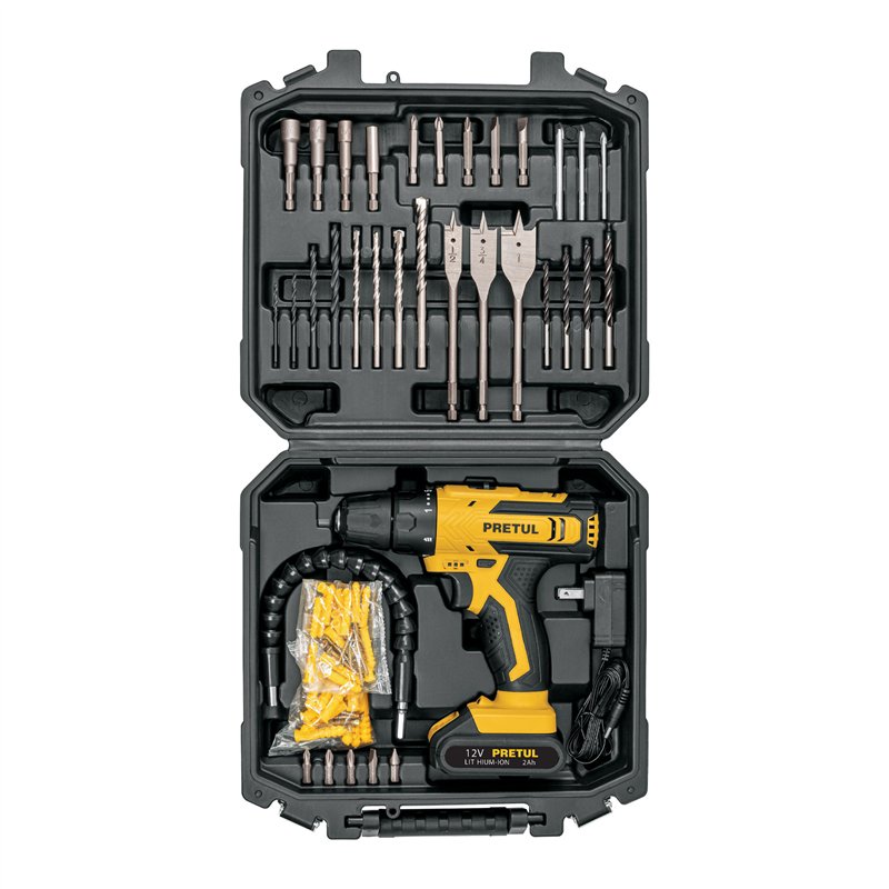 Kit Taladro/destornillador 3/8", 12 V, 33 accesorios Pretul